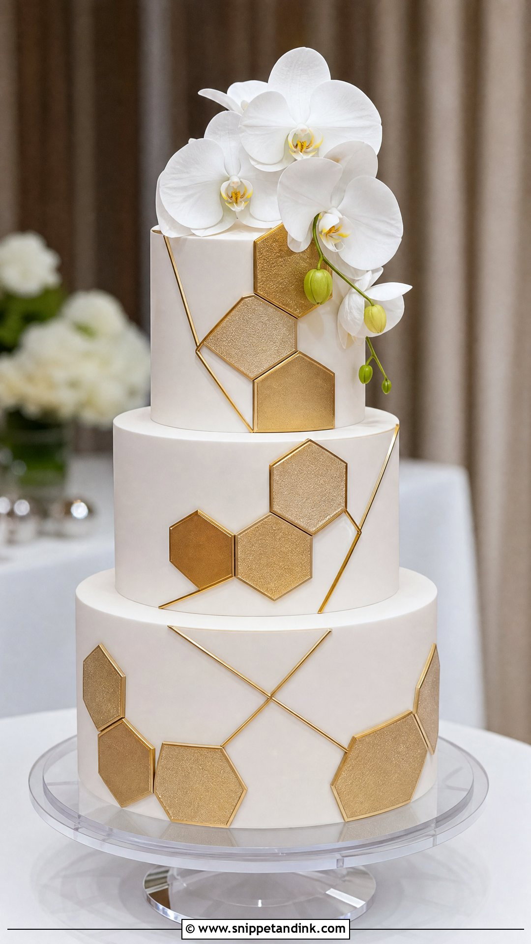 White And Gold Geometric Wedding Cake - Snippet and Ink - 20 White and Gold Wedding Cake Ideas