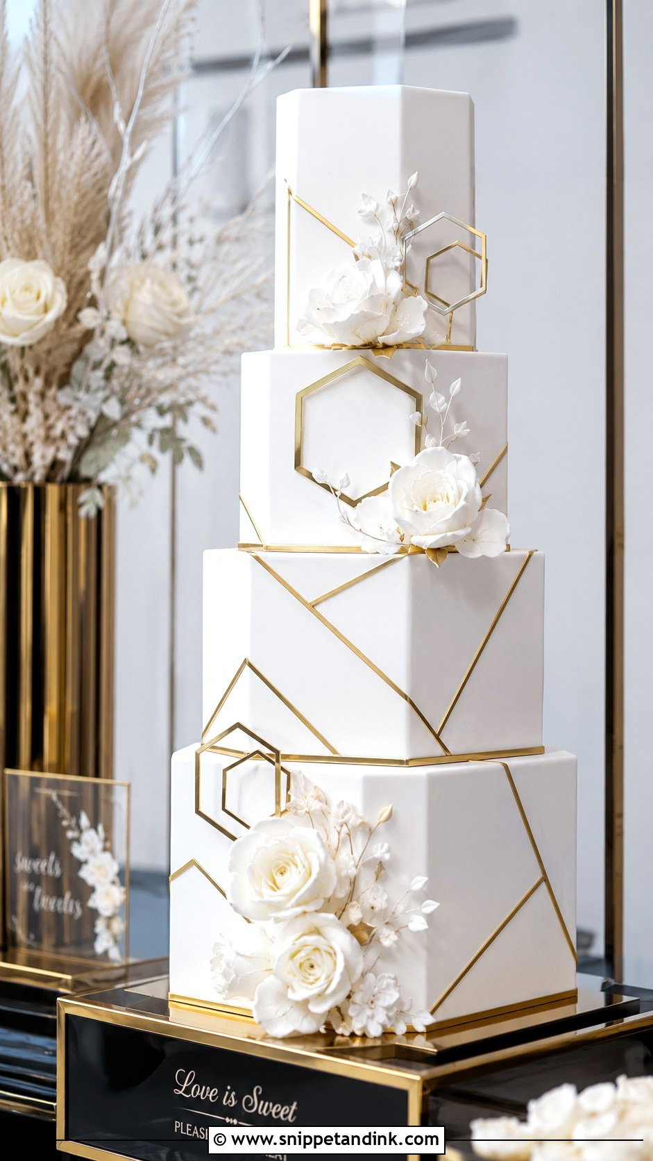 White And Gold Geometric Wedding Cake - Snippet and Ink - 20 Gold and White Cake Design Ideas for Wedding
