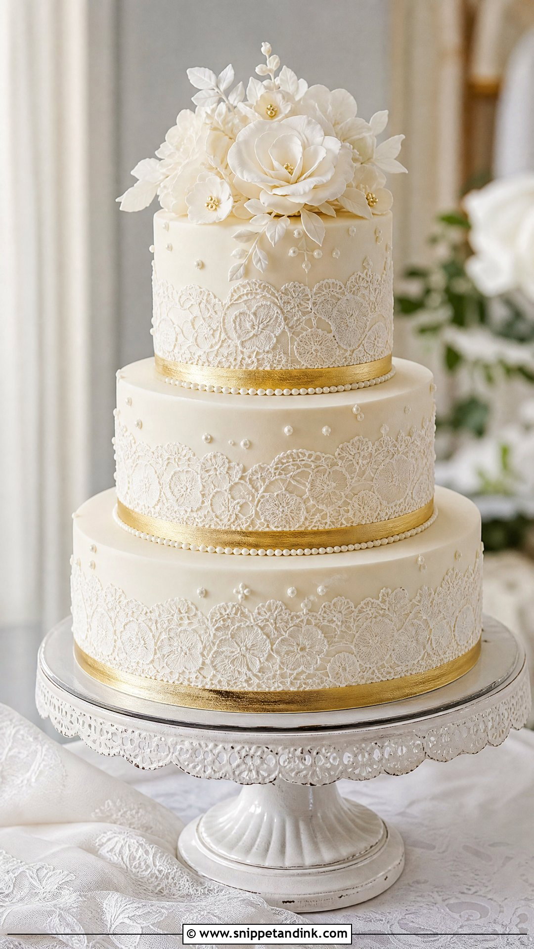 White And Gold Lace Wedding Cake - Snippet and Ink - 20 White and Gold Wedding Cake Ideas