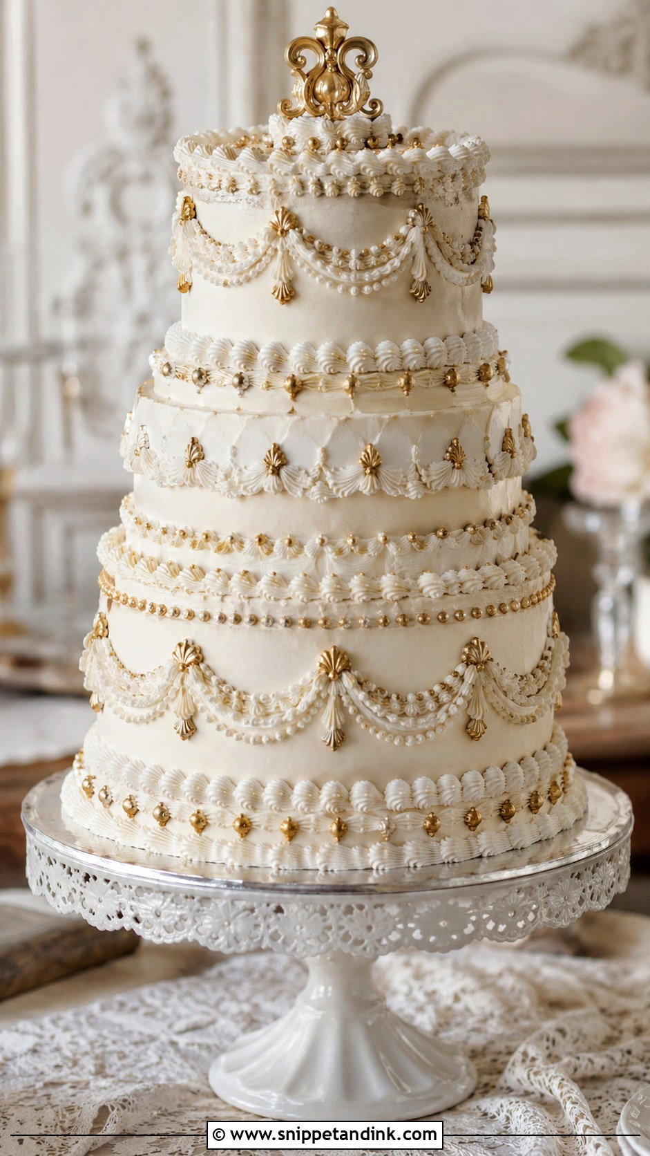 White And Gold Lambeth Wedding Cake - Snippet and Ink - 20 Gold and White Cake Design Ideas for Wedding
