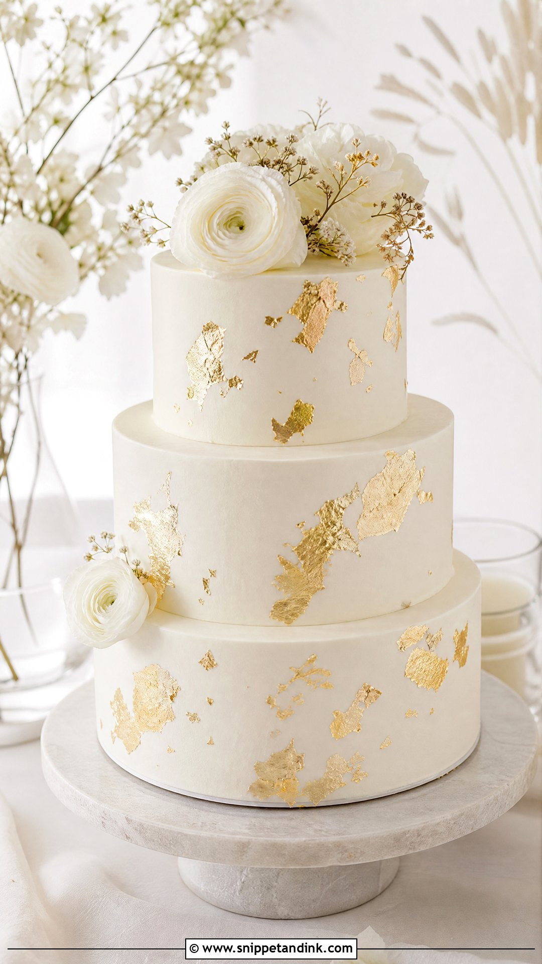 White And Gold Leaf Wedding Cake - Snippet and Ink - 20 White and Gold Wedding Cake Ideas
