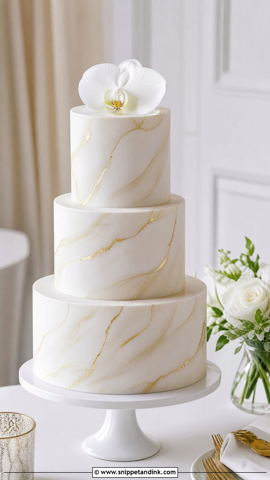 White And Gold Marble Wedding Cake - Snippet and Ink - 20 White and Gold Wedding Cake Ideas