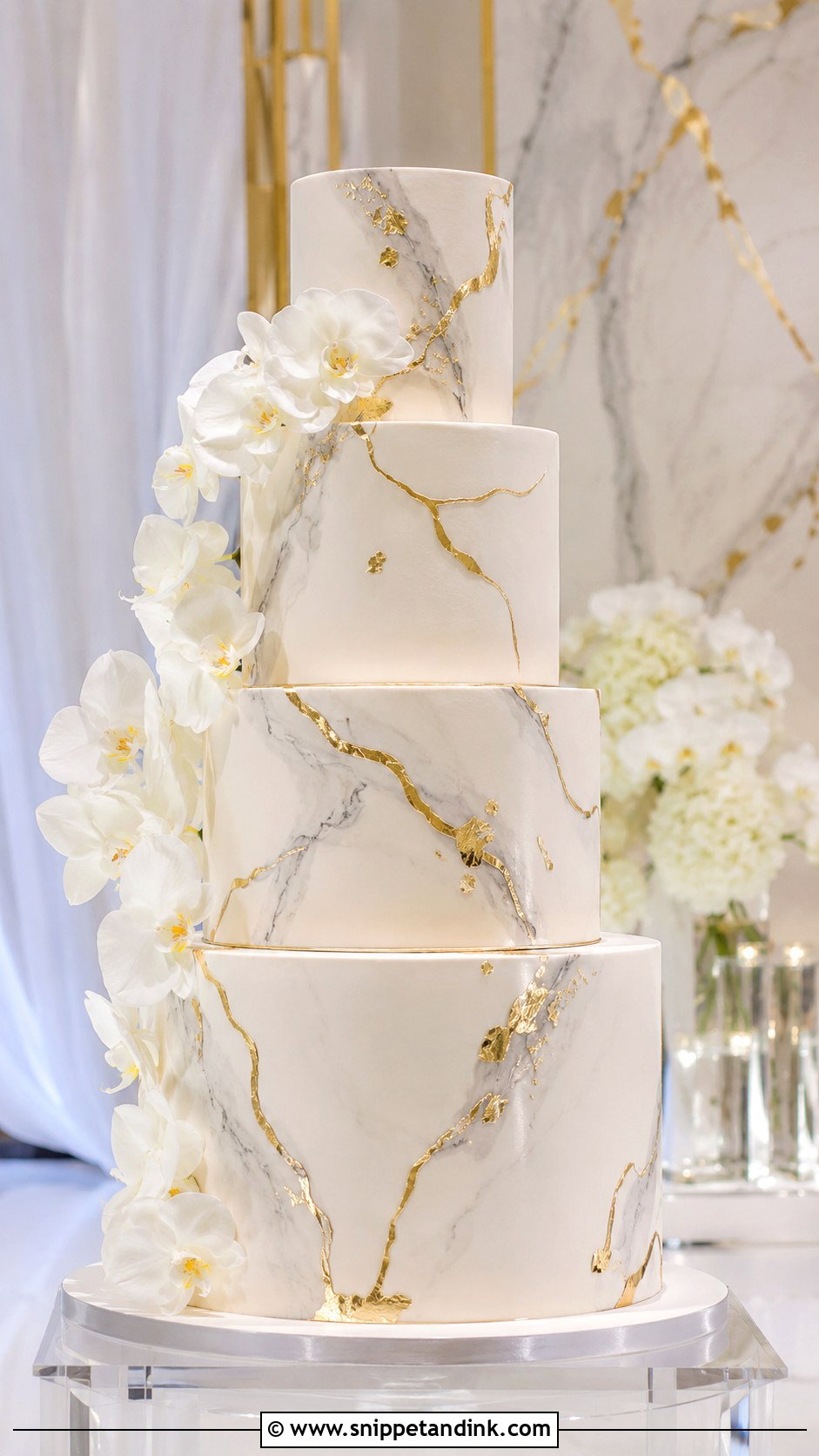 White And Gold Marble Wedding Cake - Snippet and Ink - 20 Gold and White Cake Design Ideas for Wedding
