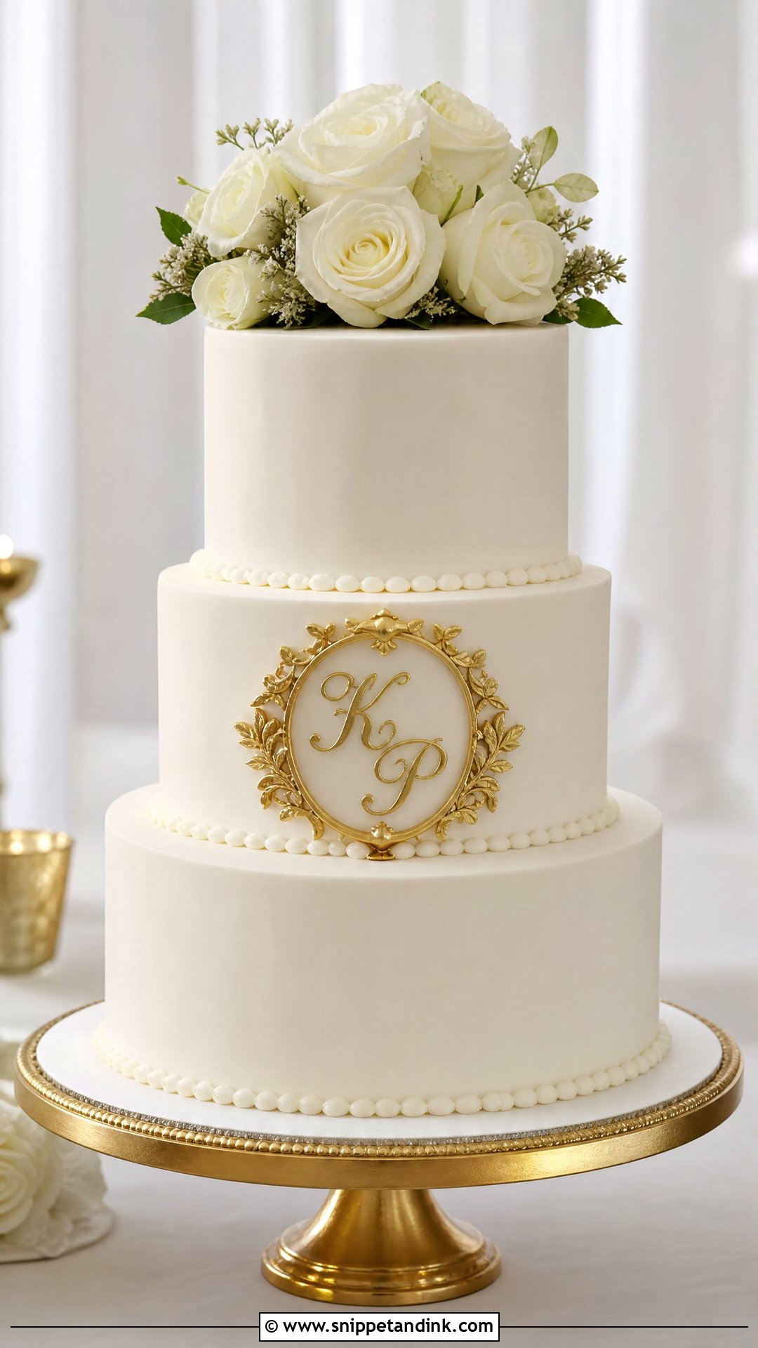 White And Gold Monogram Wedding Cake - Snippet and Ink - 20 White and Gold Wedding Cake Ideas