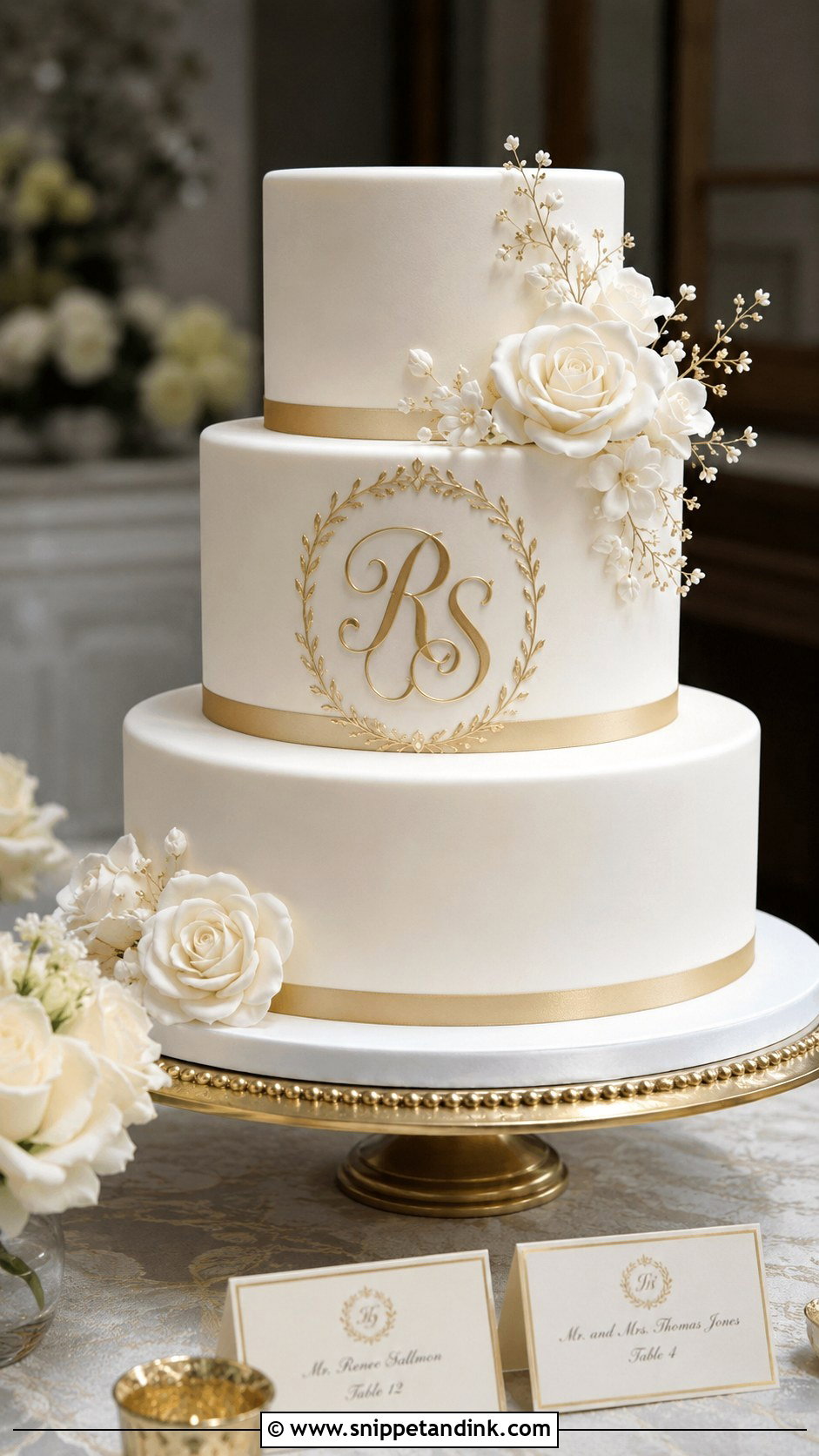 White And Gold Monogram Wedding Cake - Snippet and Ink - 20 Gold and White Cake Design Ideas for Wedding