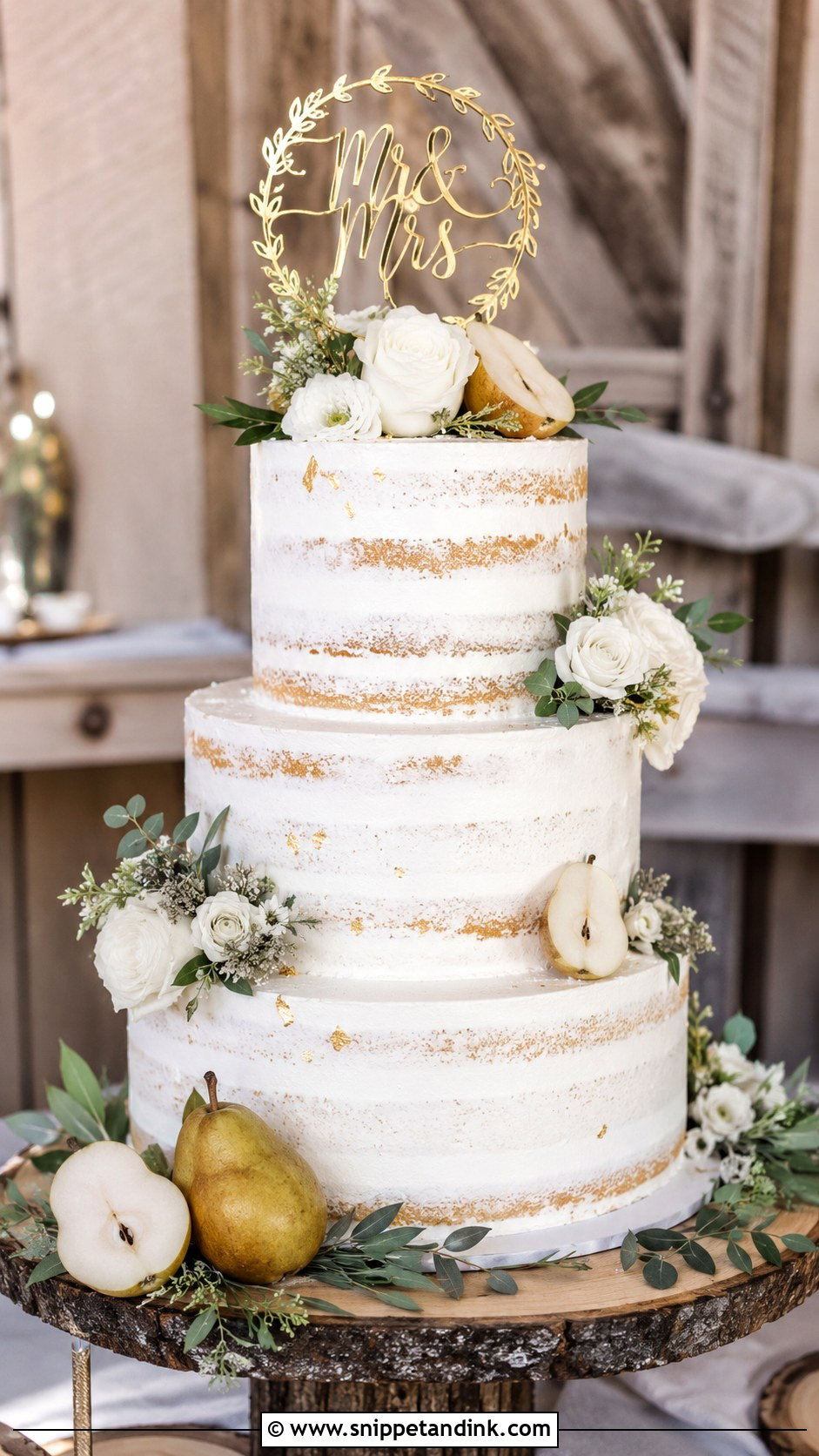 White And Gold Naked Wedding Cake - Snippet and Ink - 20 Gold and White Cake Design Ideas for Wedding
