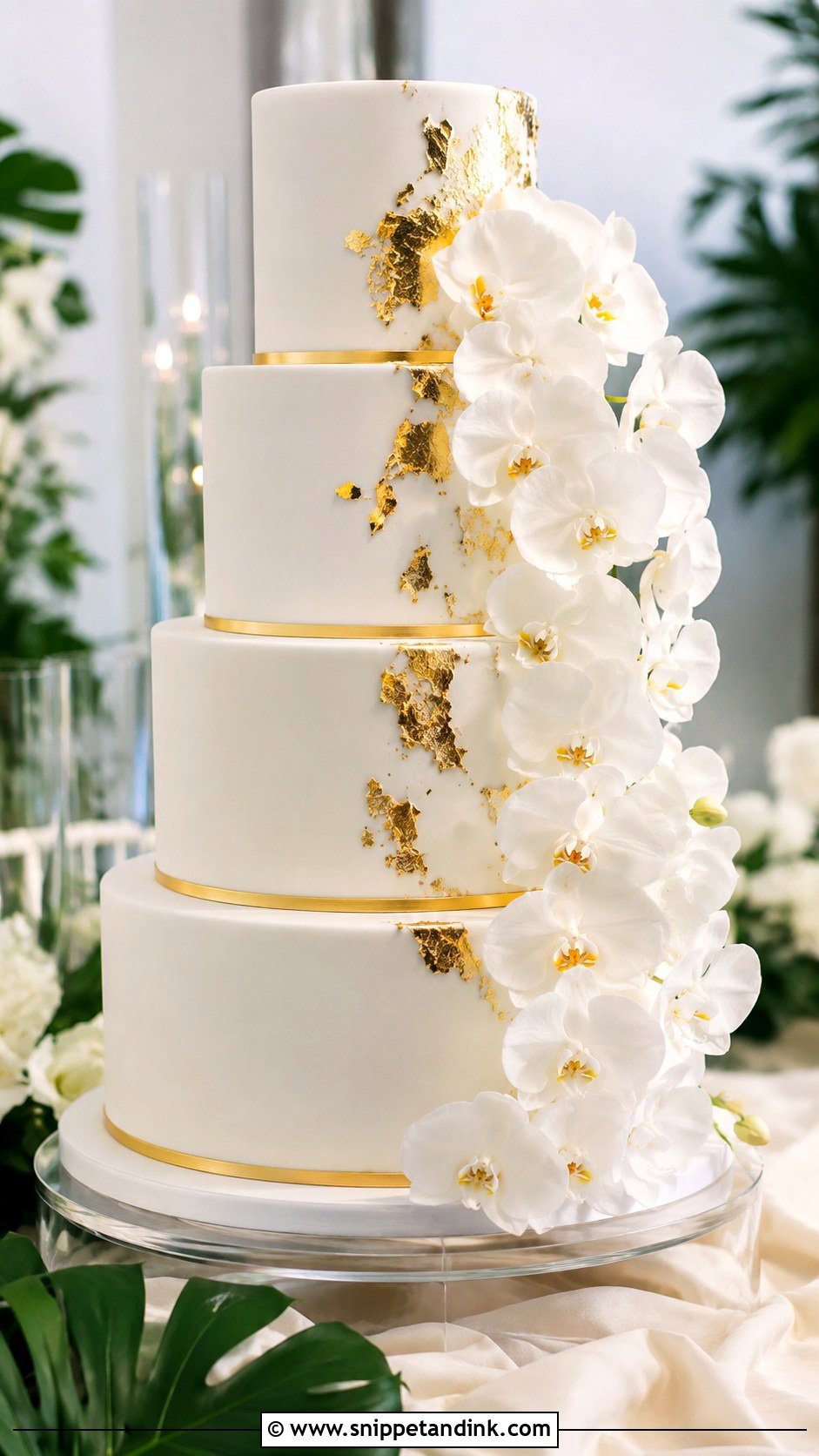 White And Gold Orchid Wedding Cake - Snippet and Ink - 20 Gold and White Cake Design Ideas for Wedding