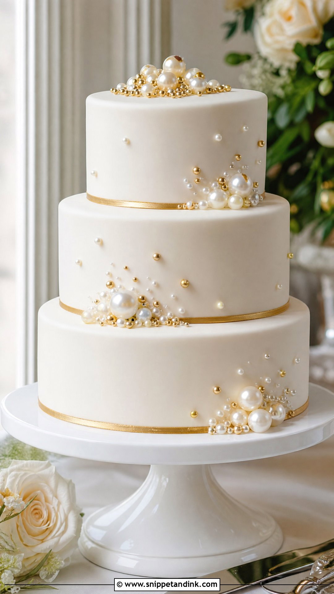 White And Gold Pearl Wedding Cake - Snippet and Ink - 20 White and Gold Wedding Cake Ideas