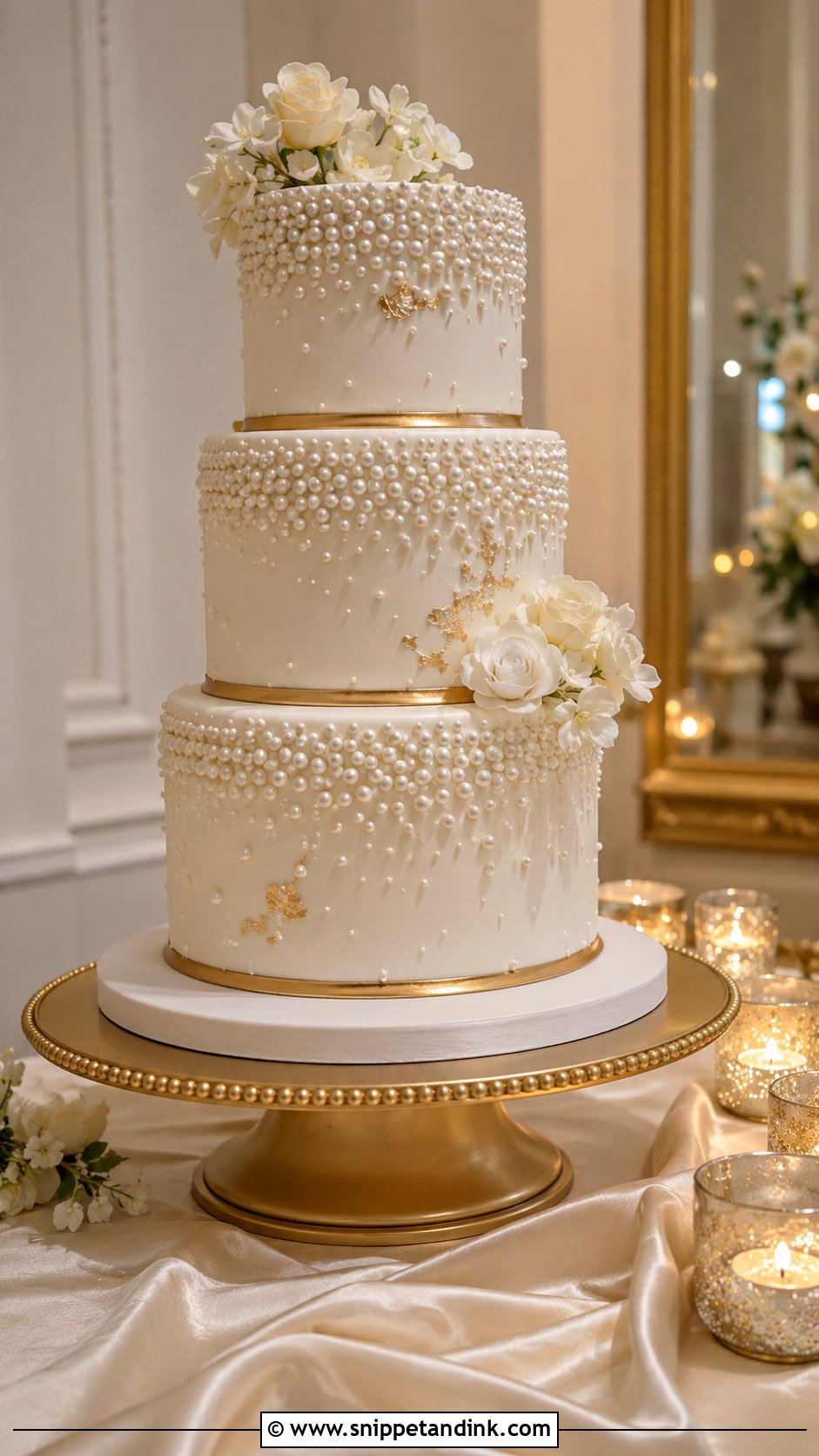White And Gold Pearl Wedding Cake - Snippet and Ink - 20 Gold and White Cake Design Ideas for Wedding