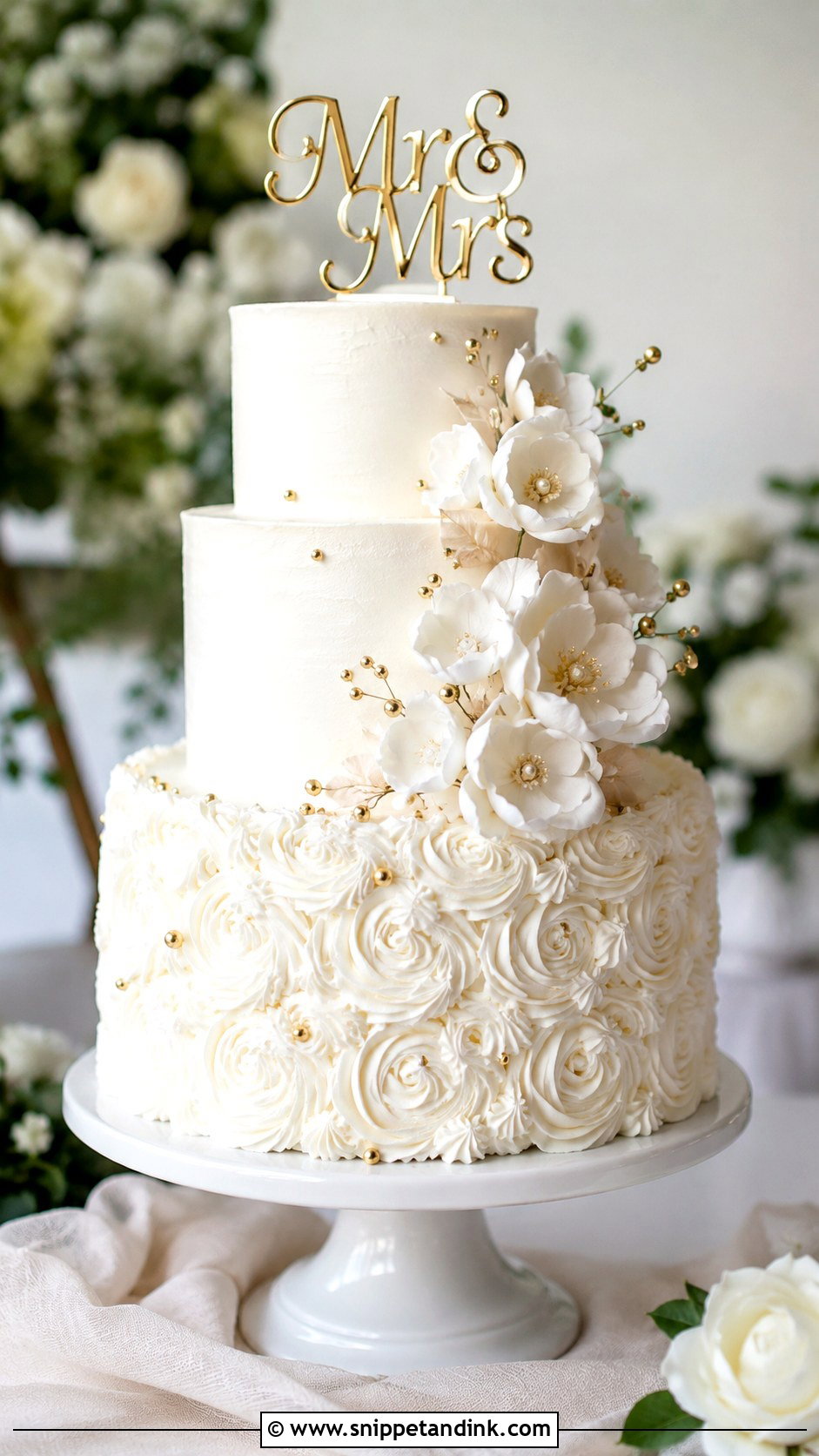 White And Gold Rosette Wedding Cake - Snippet and Ink - 20 Gold and White Cake Design Ideas for Wedding