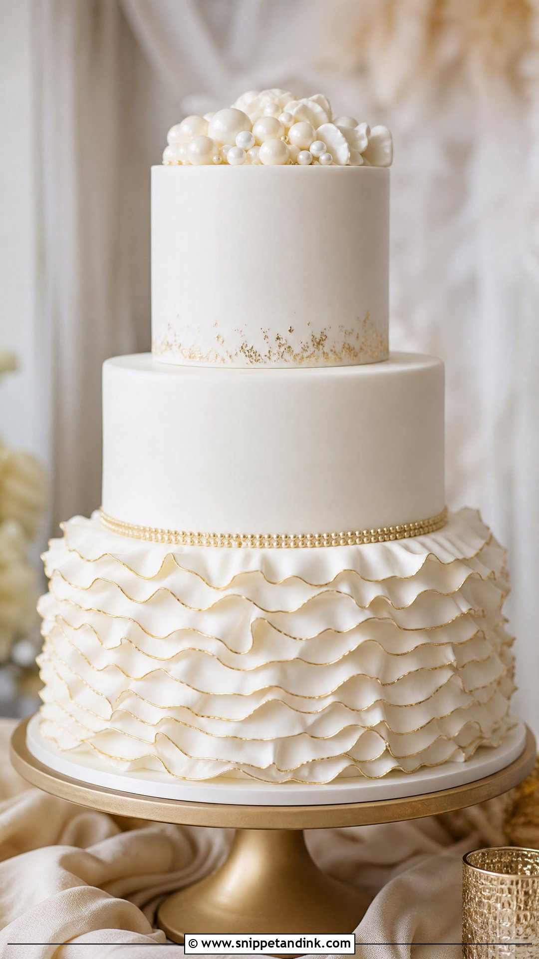 White And Gold Ruffle Wedding Cake - Snippet and Ink - 20 White and Gold Wedding Cake Ideas