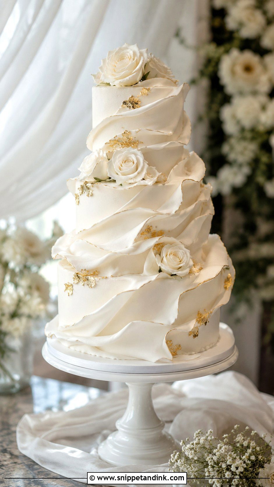 White And Gold Ruffle Wedding Cake - Snippet and Ink - 20 Gold and White Cake Design Ideas for Wedding