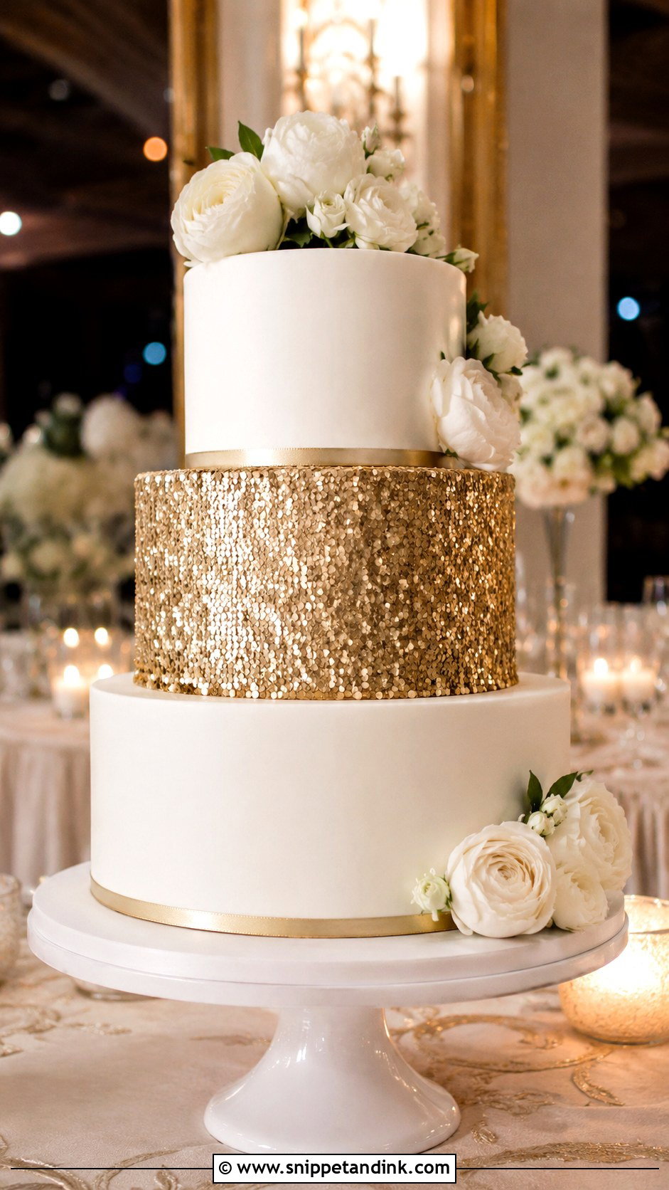 White And Gold Sequin Wedding Cake - Snippet and Ink - 20 Gold and White Cake Design Ideas for Wedding