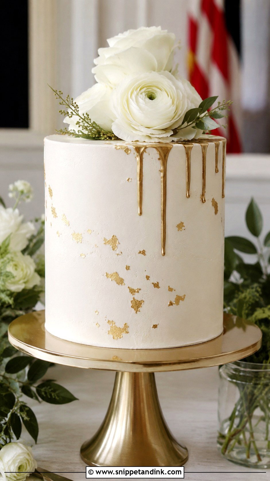 White And Gold Single Tier Wedding Cake - Snippet and Ink - 20 Gold and White Cake Design Ideas for Wedding