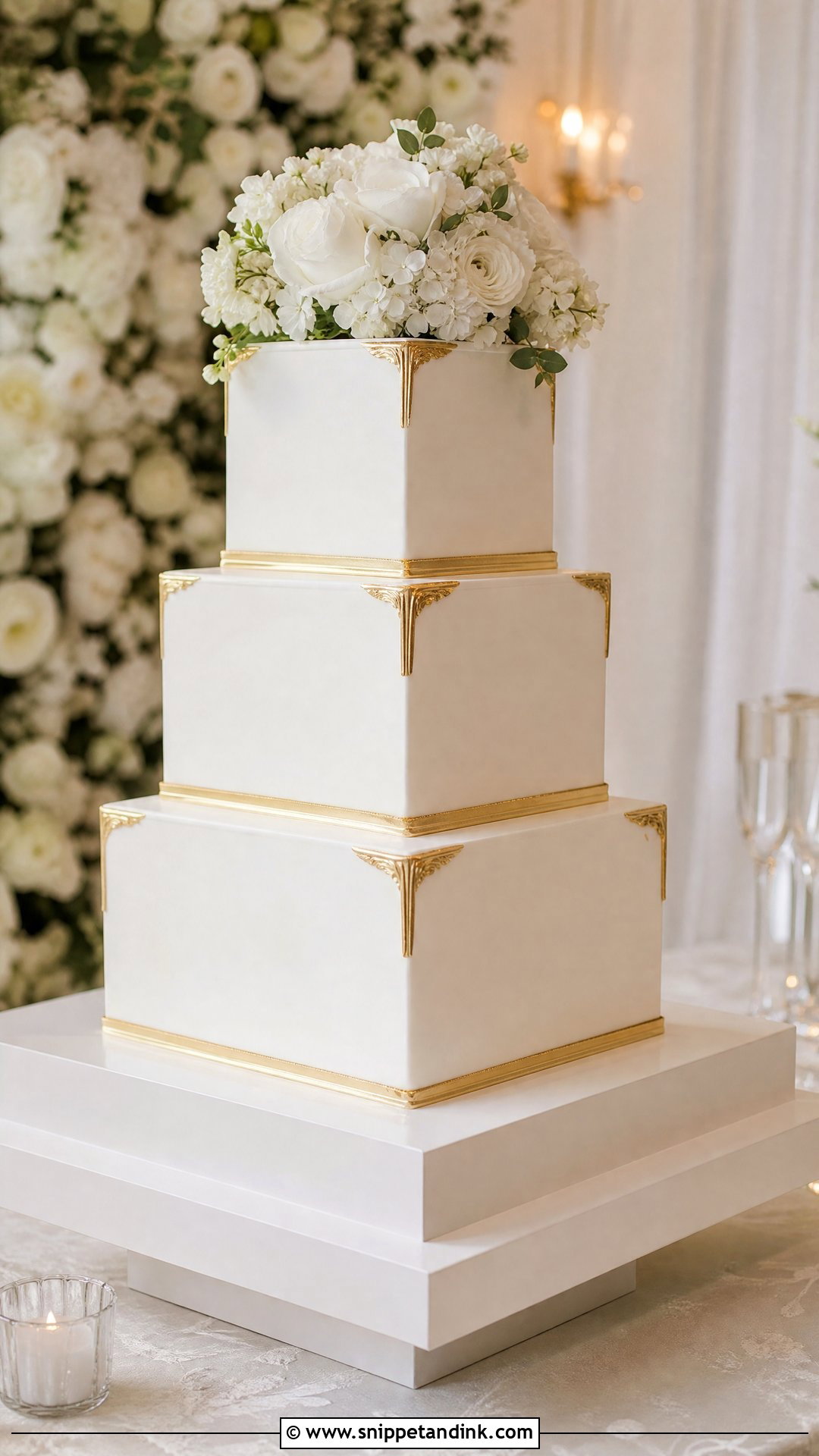 White And Gold Square Wedding Cake - Snippet and Ink - 20 White and Gold Wedding Cake Ideas