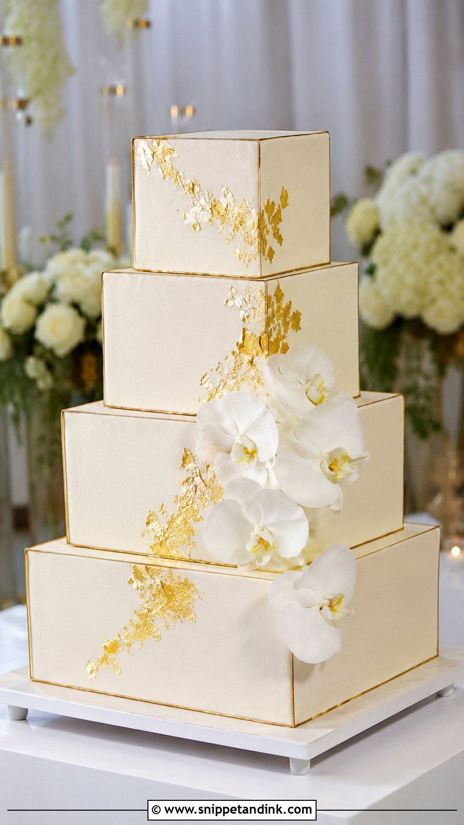 White And Gold Square Wedding Cake - Snippet and Ink - 20 Gold and White Cake Design Ideas for Wedding