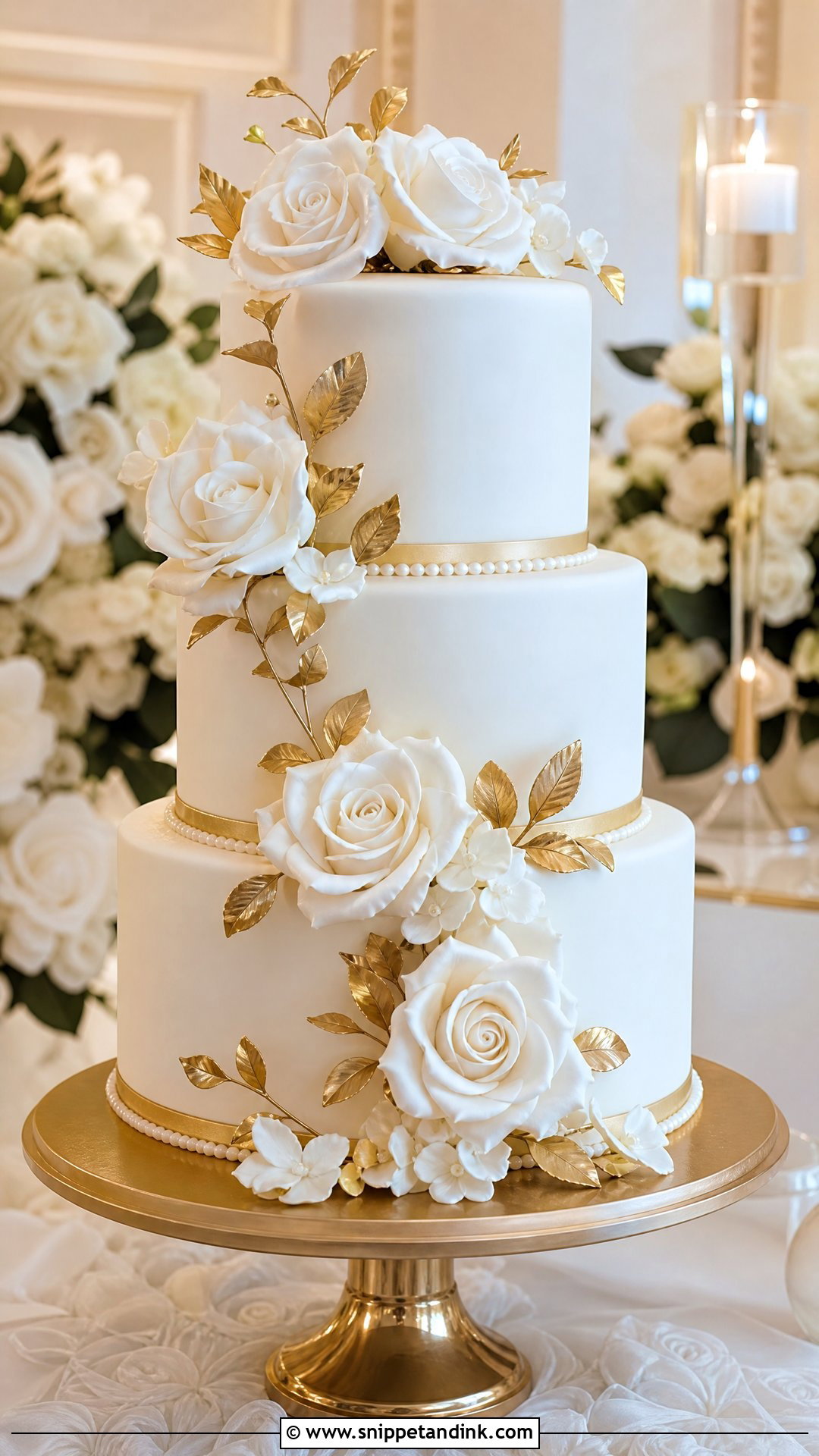 White And Gold Sugar Flower Wedding Cake - Snippet and Ink - 20 White and Gold Wedding Cake Ideas