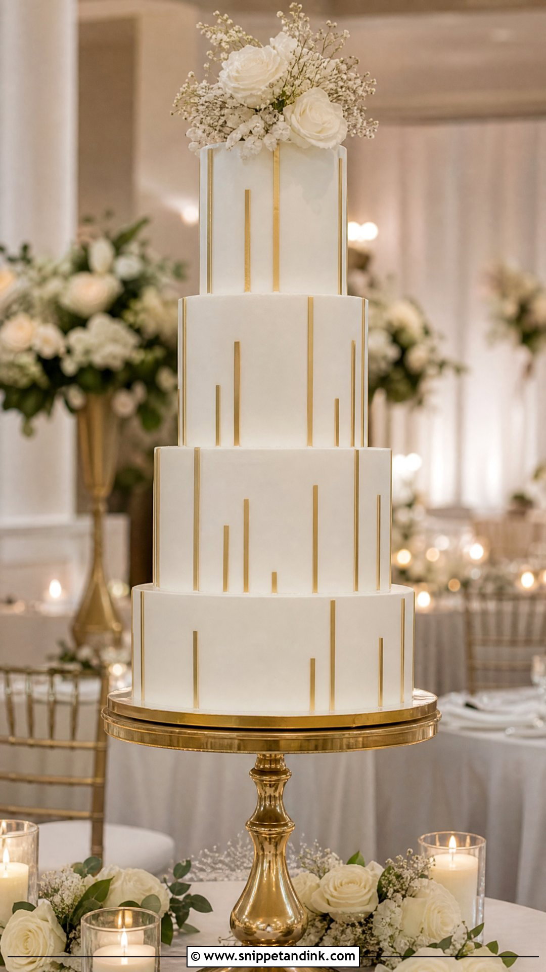 White And Gold Tall Tier Wedding Cake - Snippet and Ink - 20 White and Gold Wedding Cake Ideas