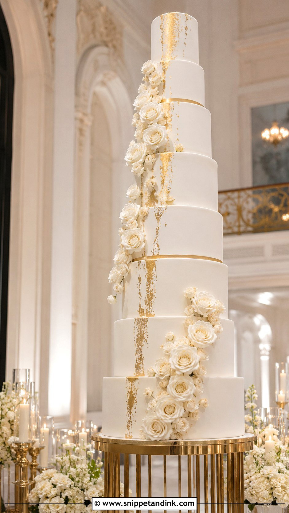 White And Gold Tall Wedding Cake - Snippet and Ink - 20 Gold and White Cake Design Ideas for Wedding
