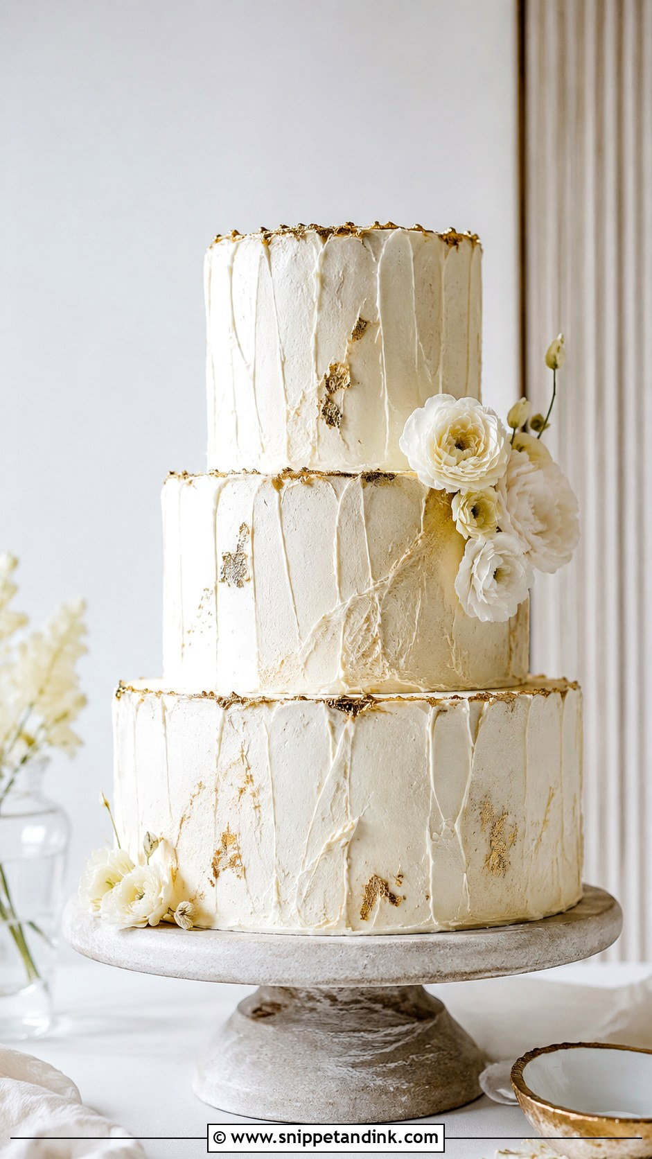 White And Gold Textured Wedding Cake - Snippet and Ink - 20 Gold and White Cake Design Ideas for Wedding