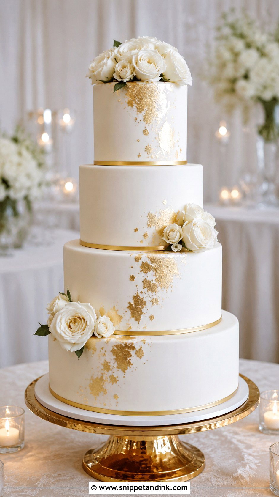 White And Gold Tiered Wedding Cake - Snippet and Ink - 20 Gold and White Cake Design Ideas for Wedding