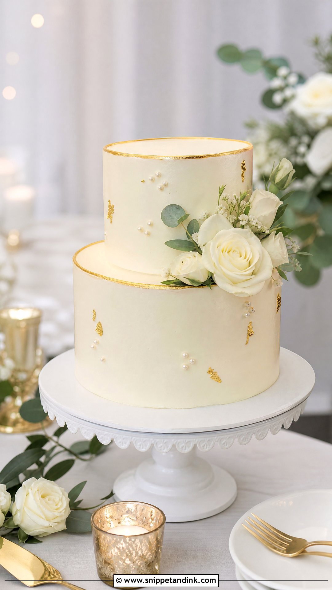White And Gold Two Tier Wedding Cake - Snippet and Ink - 20 White and Gold Wedding Cake Ideas