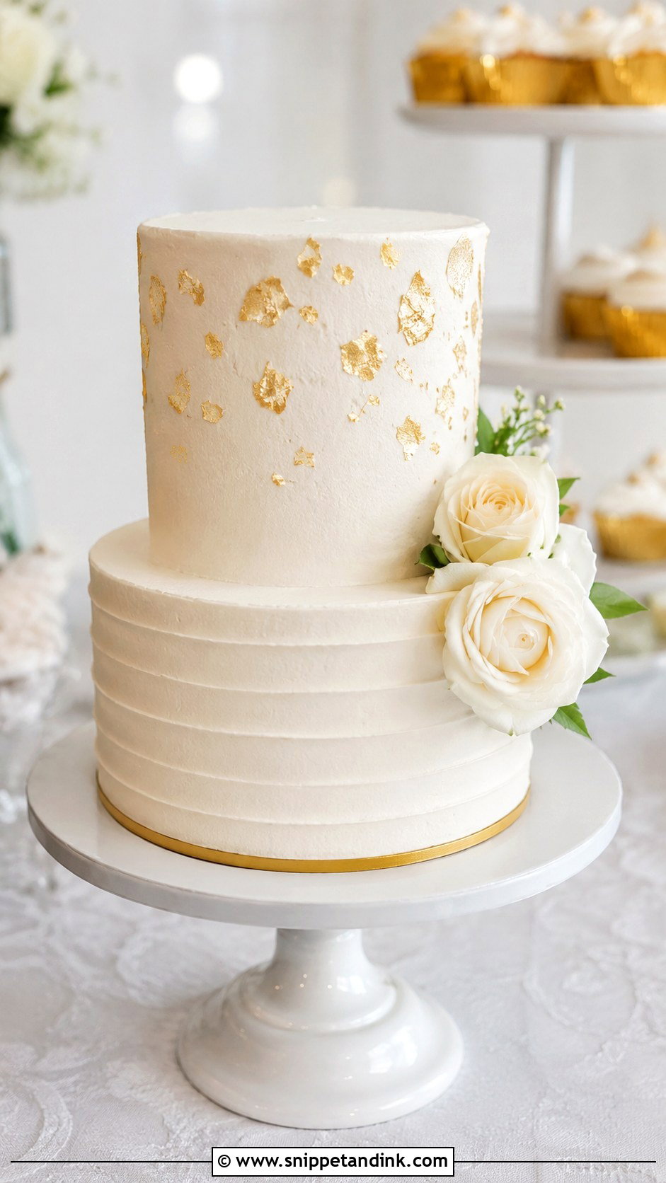 White And Gold Two Tier Wedding Cake - Snippet and Ink - 20 Gold and White Cake Design Ideas for Wedding