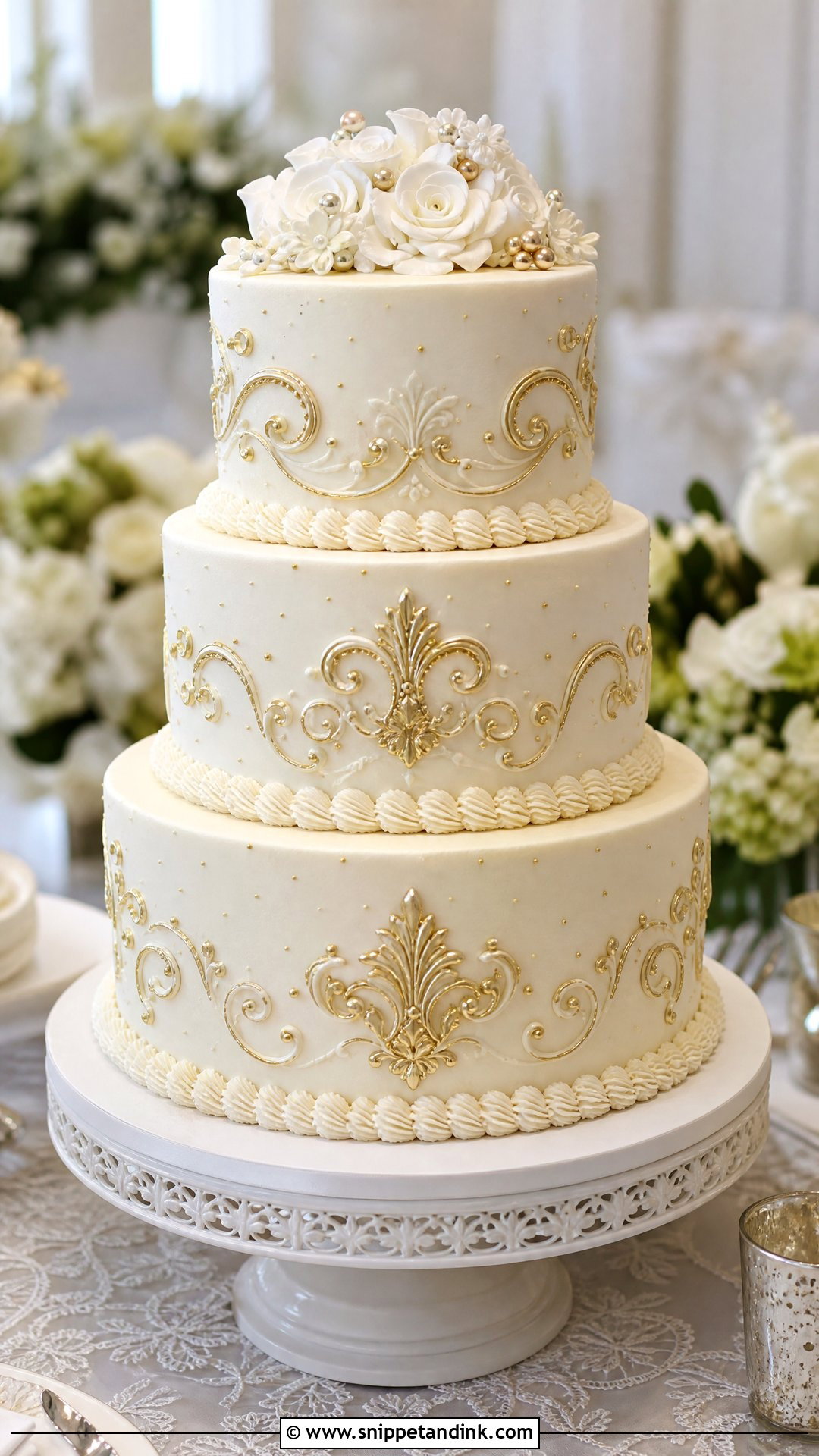 White And Gold Vintage Wedding Cake - Snippet and Ink - 20 White and Gold Wedding Cake Ideas