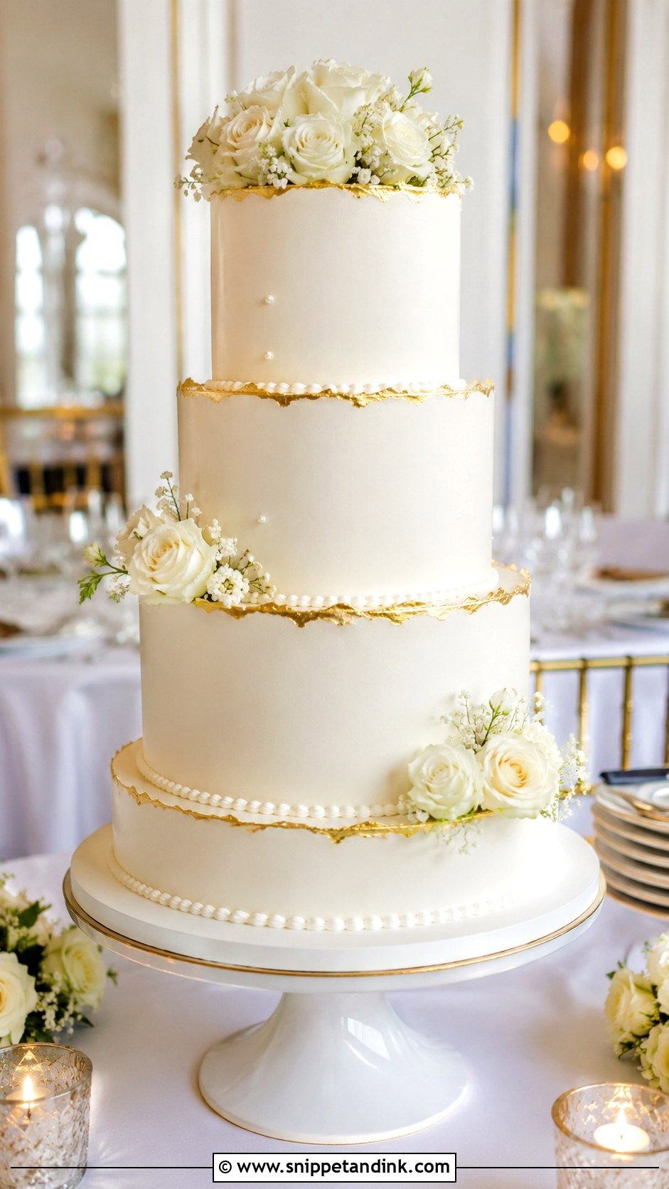 White And Gold Wedding Cake - Snippet and Ink - 20 Glitz and Glam Cake Ideas for Wedding