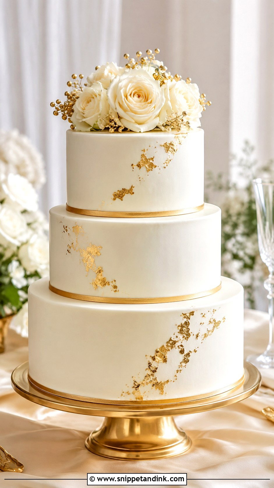 White And Gold Wedding Cake - Snippet and Ink - 20 Gold Themed Cake Ideas for Wedding