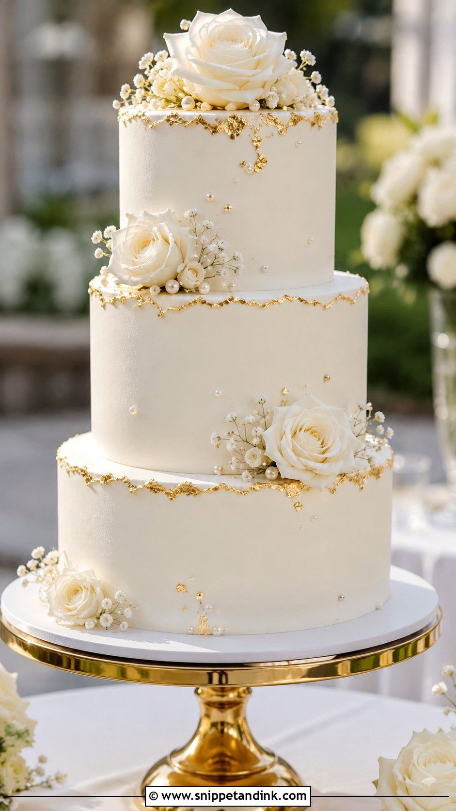 White And Gold Wedding Cake - Snippet and Ink - 20 Golden Cake Ideas for Wedding