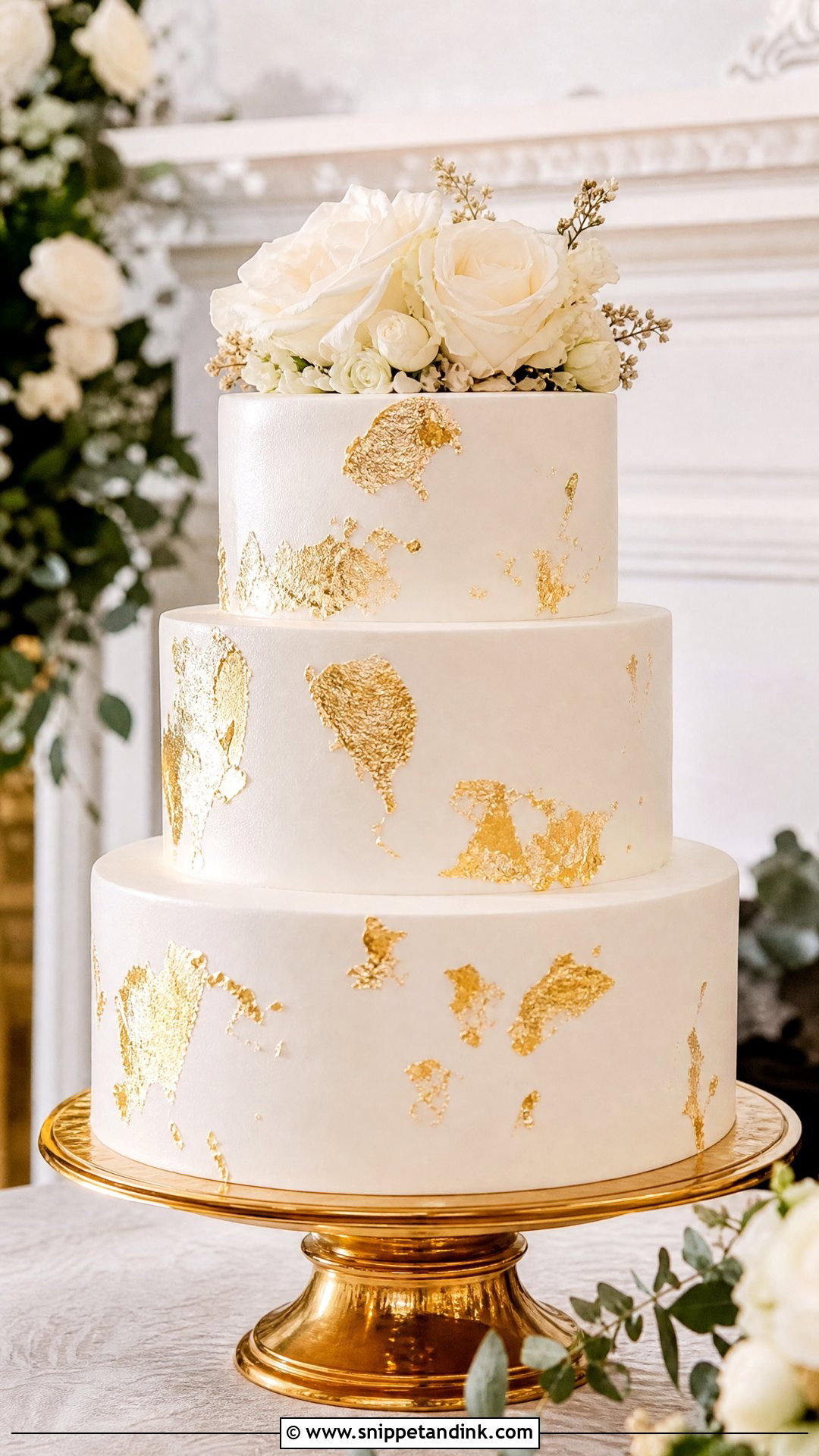 White And Gold Wedding Cake - Snippet and Ink - 35 Gold Cake Ideas for Wedding