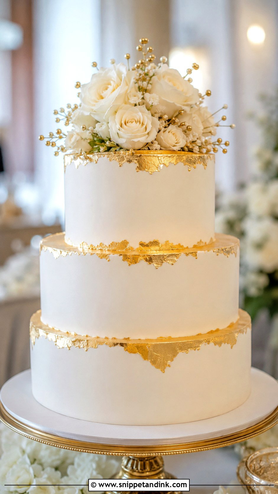 White And Gold Wedding Cake - Snippet and Ink - 20 Cake Ideas with Gold for Wedding