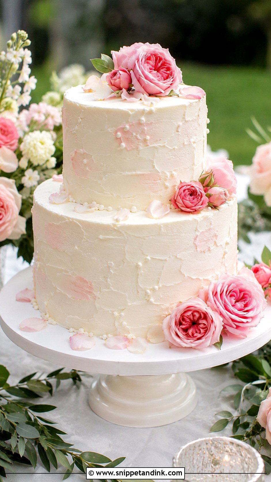 White And Pink Buttercream Wedding Cake - Snippet and Ink - 20 White and Pink Wedding Cake Ideas