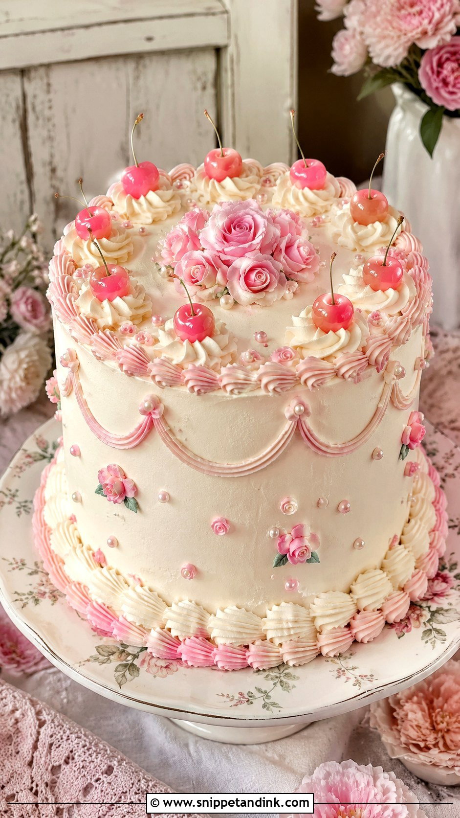 White And Pink Cherry Wedding Cake - Snippet and Ink - 20 White and Pink Wedding Cake Ideas