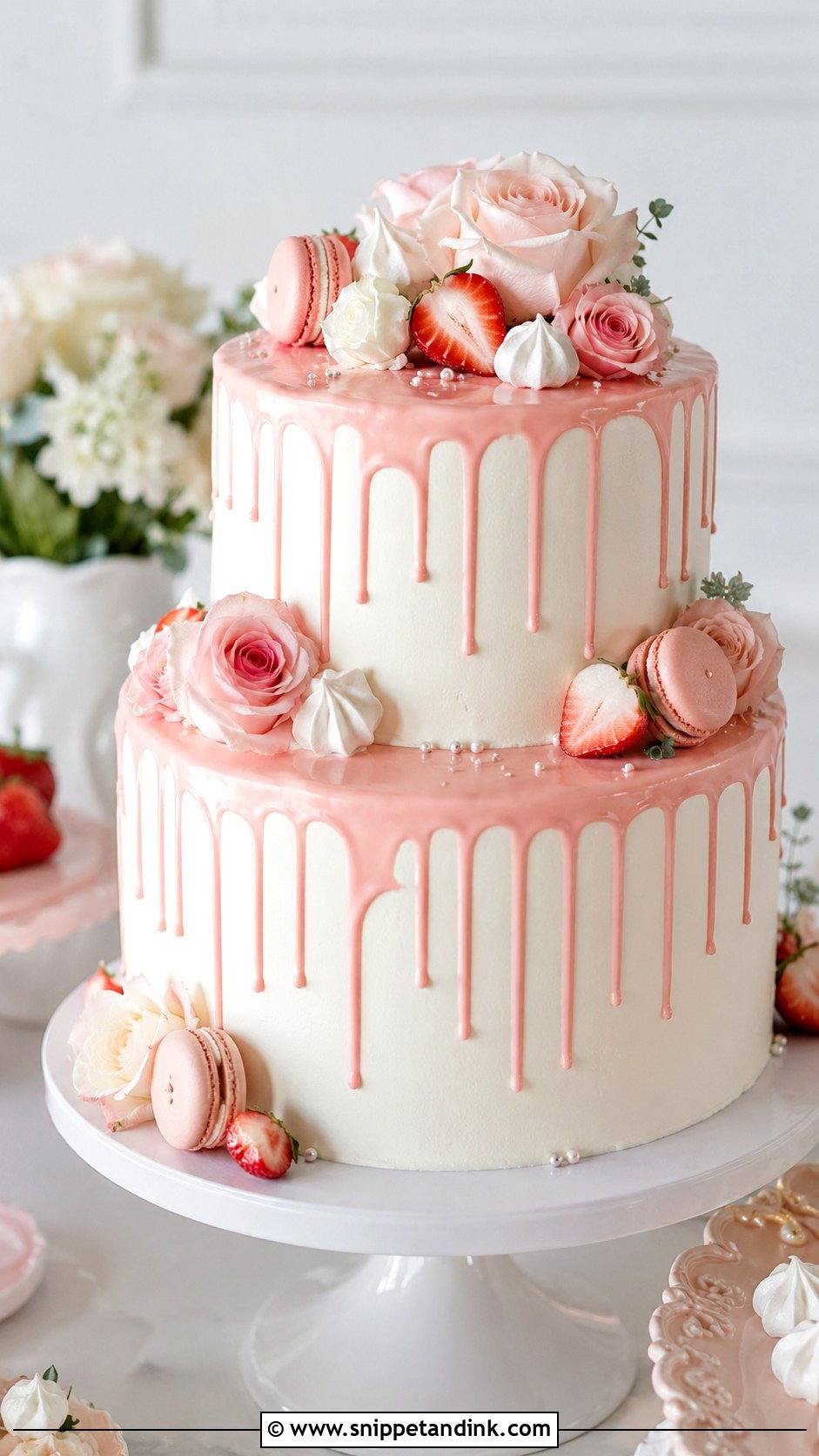 White And Pink Drip Wedding Cake - Snippet and Ink - 20 White and Pink Wedding Cake Ideas