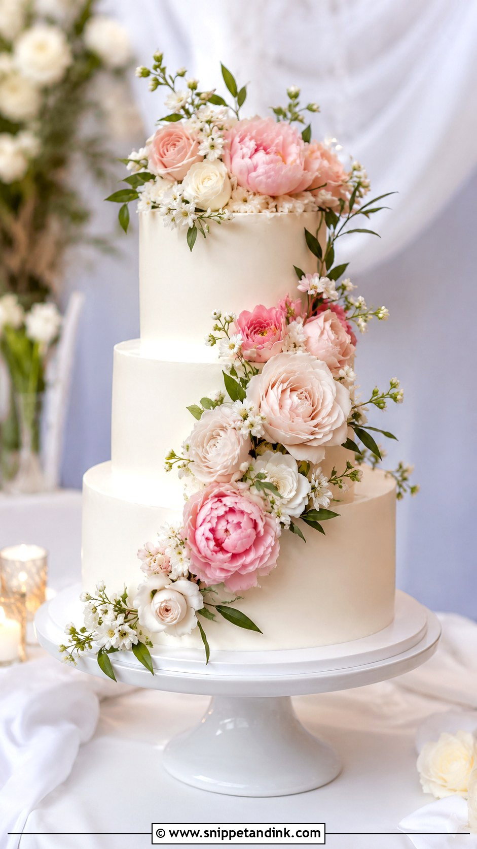 White And Pink Floral Wedding Cake - Snippet and Ink - 20 White and Pink Wedding Cake Ideas