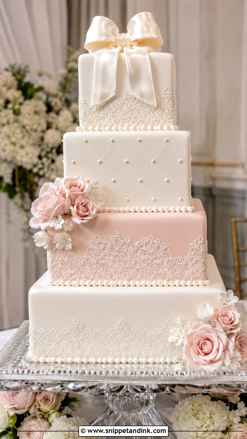 White And Pink Fondant Wedding Cake - Snippet and Ink - 20 White and Pink Wedding Cake Ideas