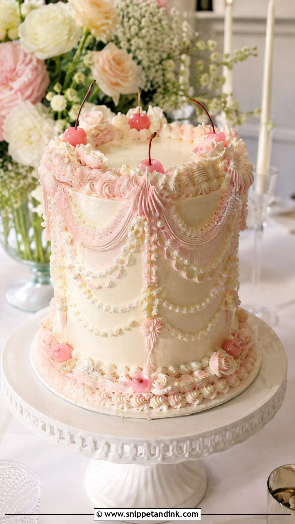 White And Pink Lambeth Wedding Cake - Snippet and Ink - 20 White and Pink Wedding Cake Ideas