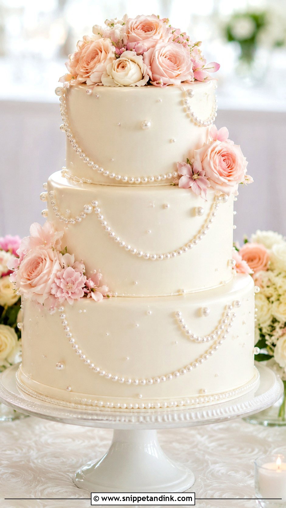 White And Pink Pearl Wedding Cake - Snippet and Ink - 20 White and Pink Wedding Cake Ideas