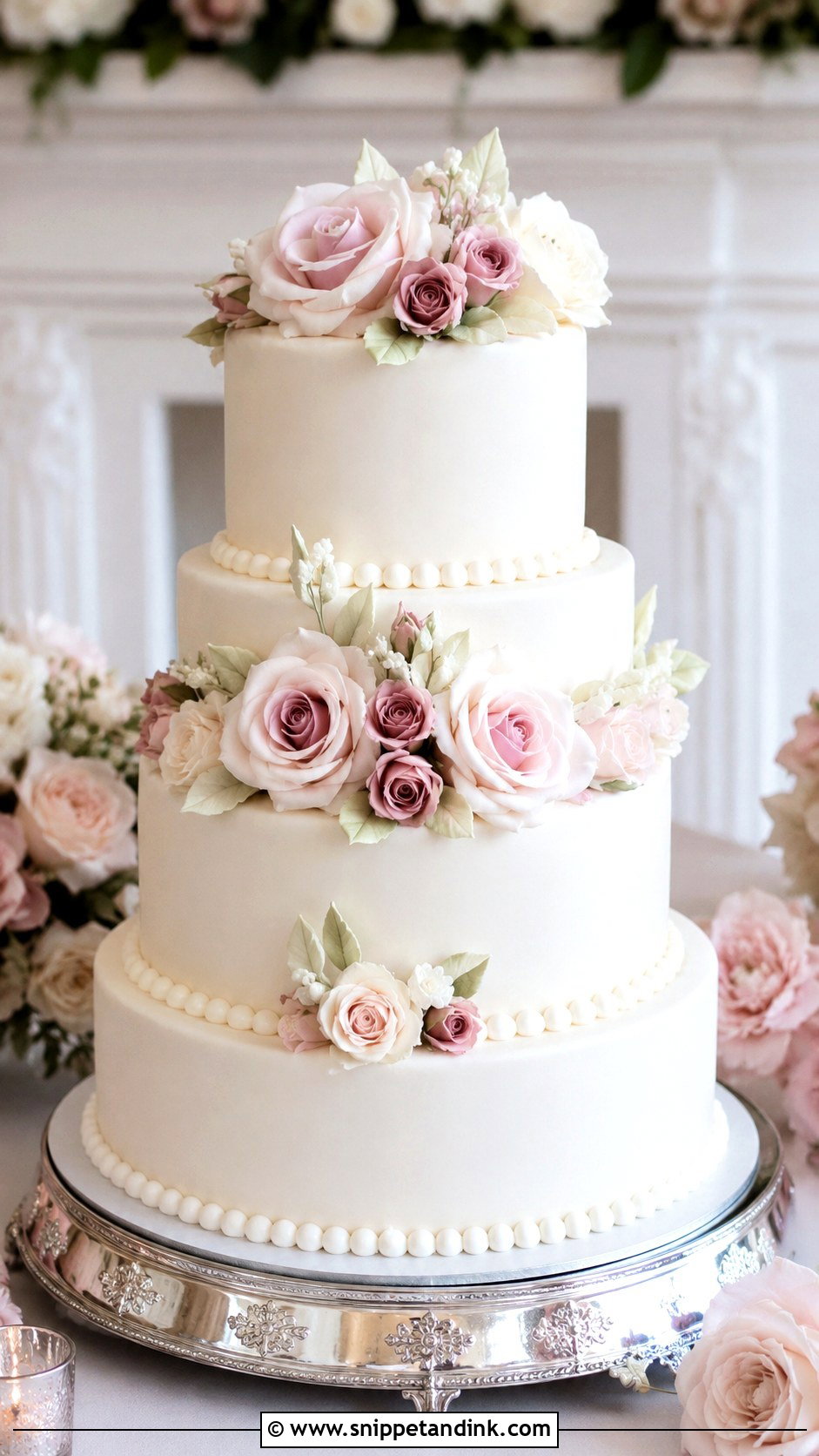 White And Pink Rose Wedding Cake - Snippet and Ink - 20 White and Pink Wedding Cake Ideas