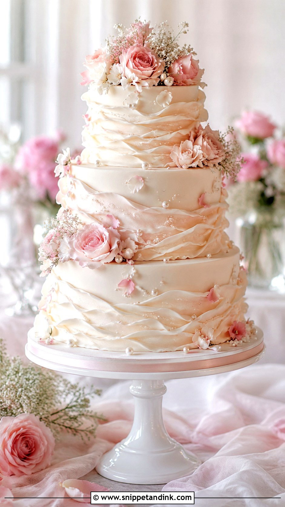 White And Pink Ruffle Wedding Cake - Snippet and Ink - 20 White and Pink Wedding Cake Ideas