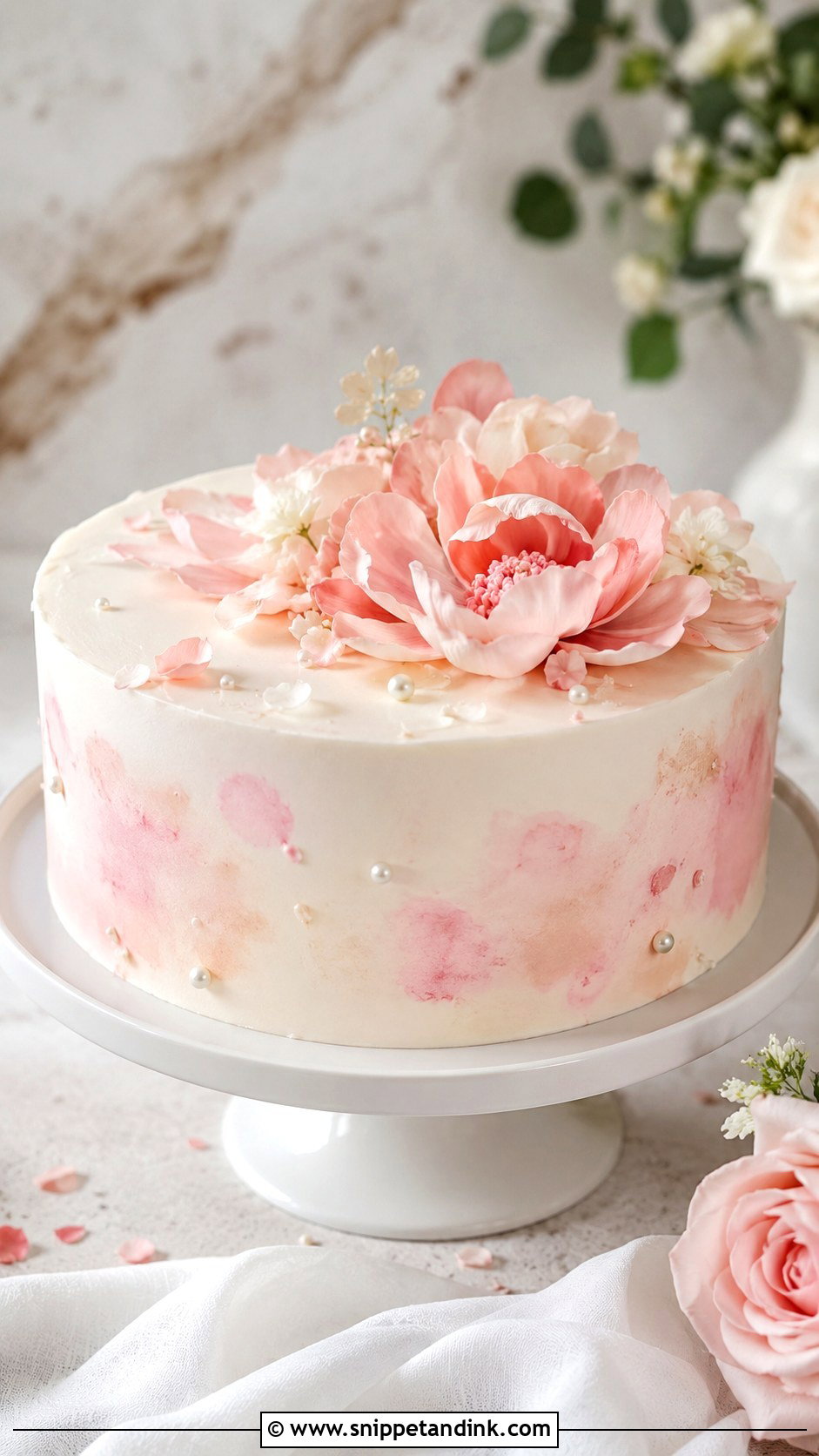 White And Pink Single Tier Wedding Cake - Snippet and Ink - 20 White and Pink Wedding Cake Ideas