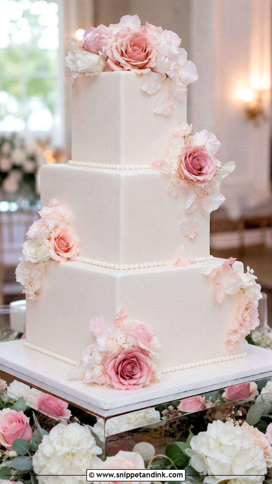 White And Pink Square Wedding Cake - Snippet and Ink - 20 White and Pink Wedding Cake Ideas