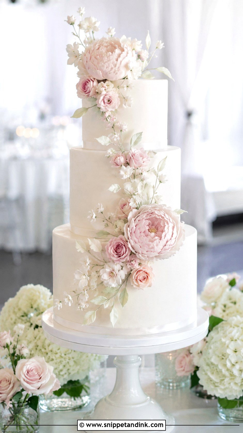 White And Pink Sugar Flower Wedding Cake - Snippet and Ink - 20 White and Pink Wedding Cake Ideas