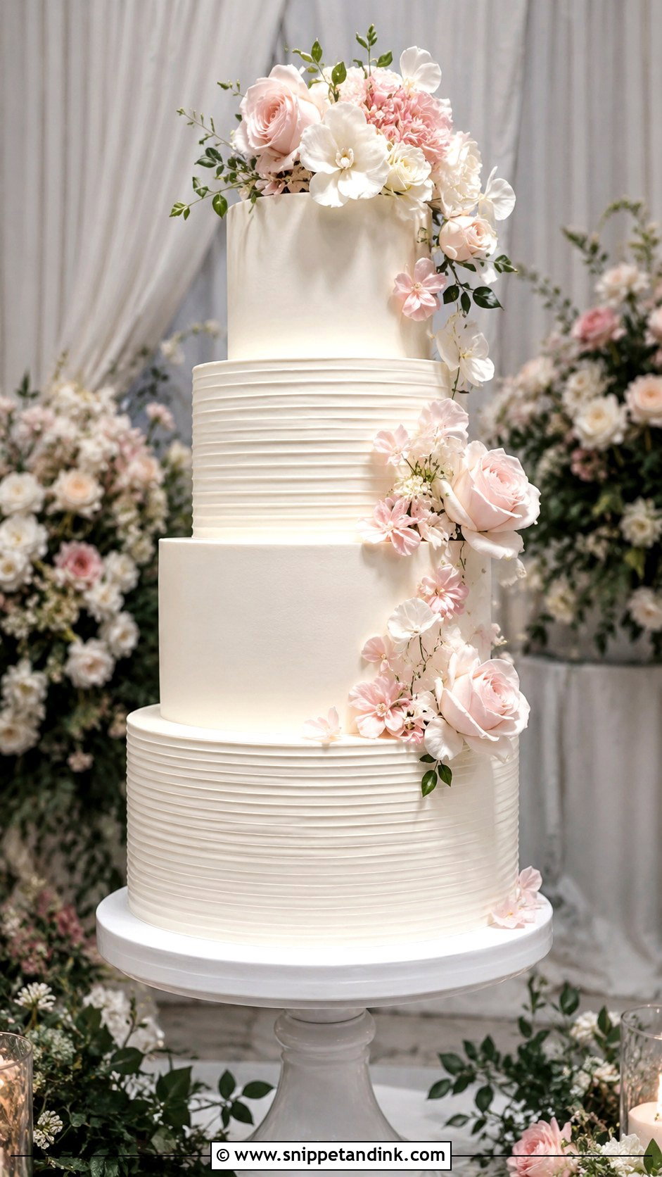 White And Pink Tiered Wedding Cake - Snippet and Ink - 20 White and Pink Wedding Cake Ideas