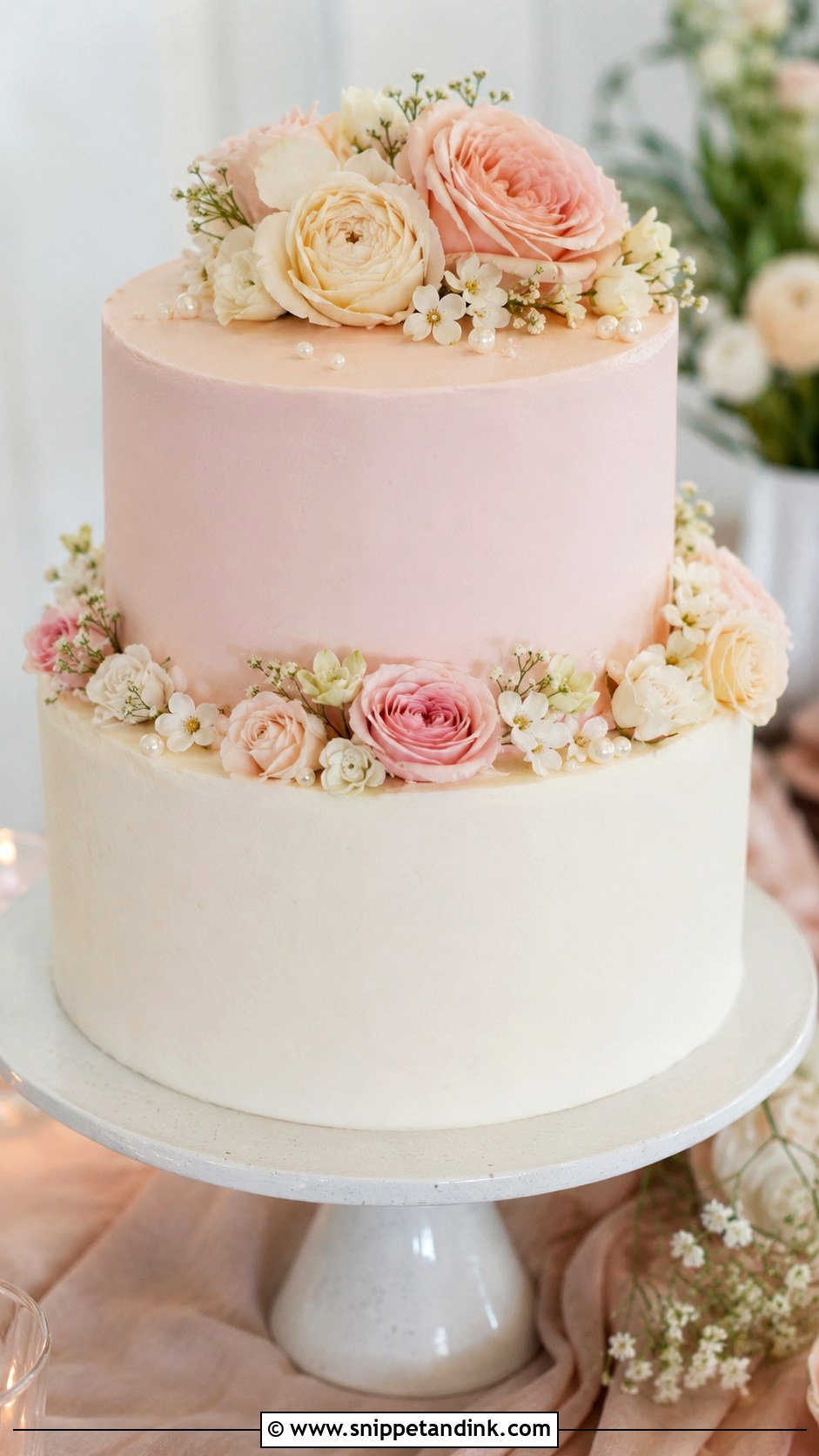 White And Pink Two Tier Wedding Cake - Snippet and Ink - 20 White and Pink Wedding Cake Ideas