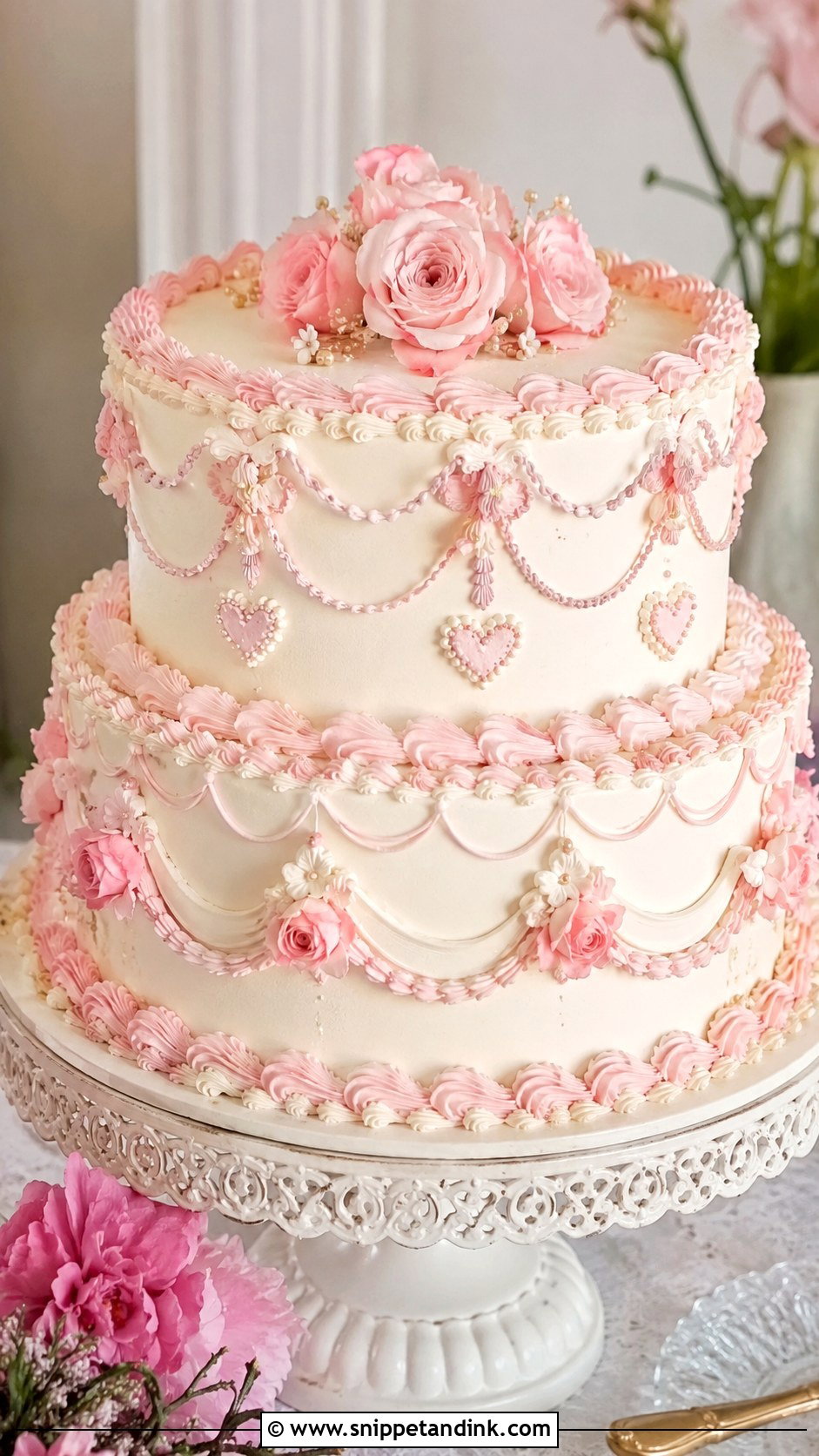 White And Pink Vintage Wedding Cake - Snippet and Ink - 20 White and Pink Wedding Cake Ideas