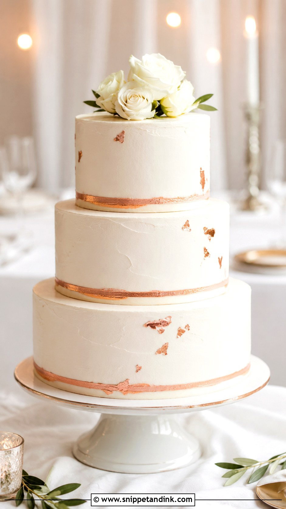 White And Rose Gold Buttercream Wedding Cake - Snippet and Ink - 20 White and Rose Gold Cake Ideas for Wedding