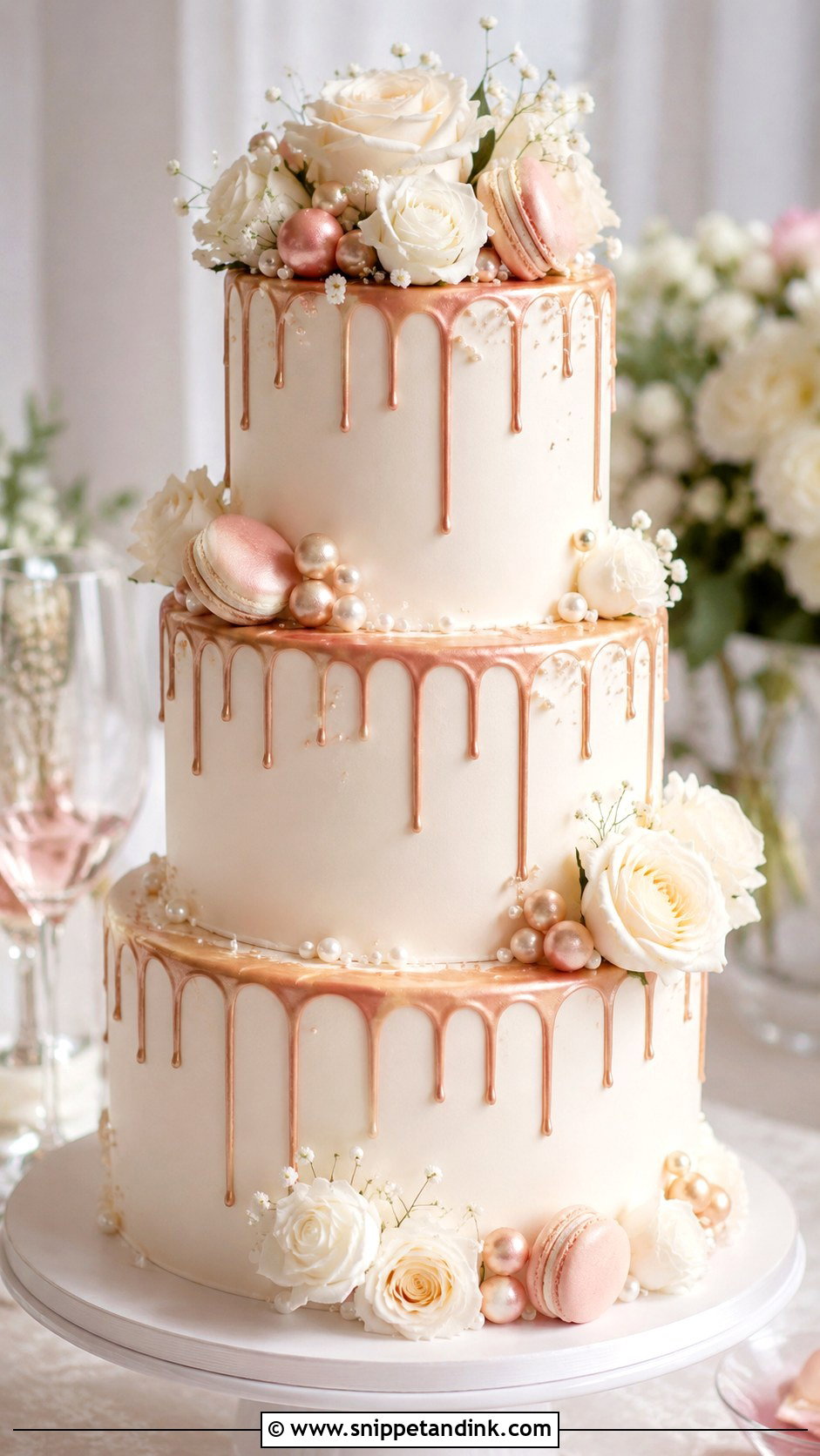 White And Rose Gold Drip Wedding Cake - Snippet and Ink - 20 White and Rose Gold Cake Ideas for Wedding